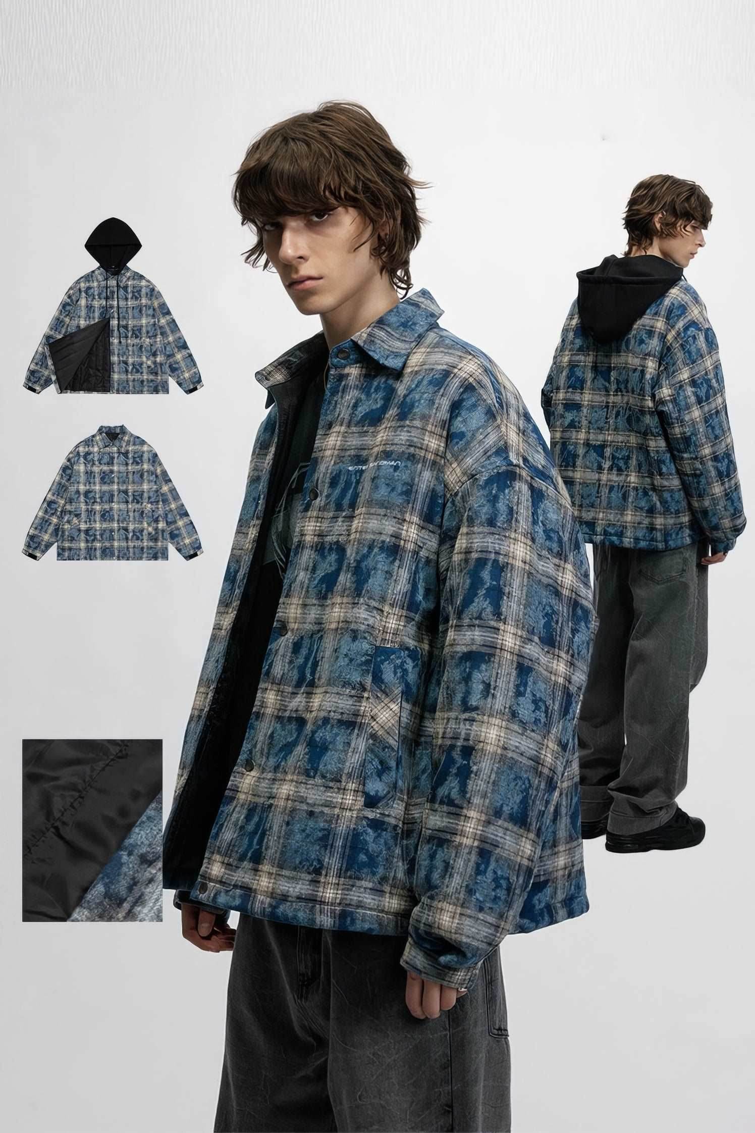 American Streetwear Hip-Hop Plaid Hoodie Jacket – Removable Hood, Cotton Lined - 4inme