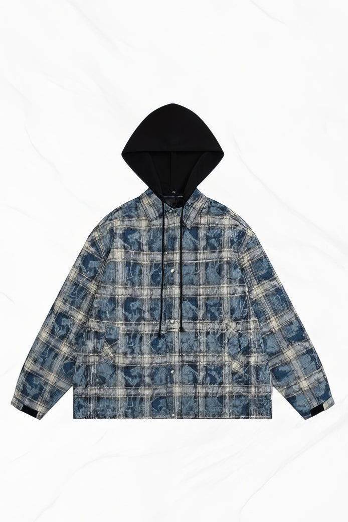 American Streetwear Hip-Hop Plaid Hoodie Jacket – Removable Hood, Cotton Lined - 4inme