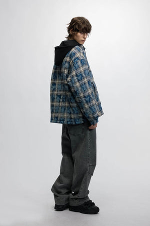 American Streetwear Hip-Hop Plaid Hoodie Jacket – Removable Hood, Cotton Lined - 4inme