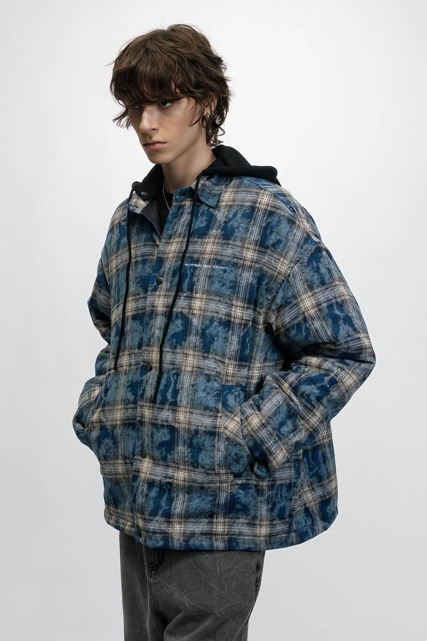American Streetwear Hip-Hop Plaid Hoodie Jacket – Removable Hood, Cotton Lined - 4inme