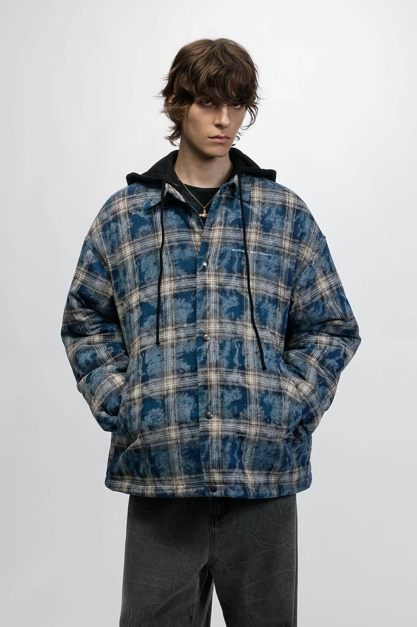 American Streetwear Hip-Hop Plaid Hoodie Jacket – Removable Hood, Cotton Lined - 4inme