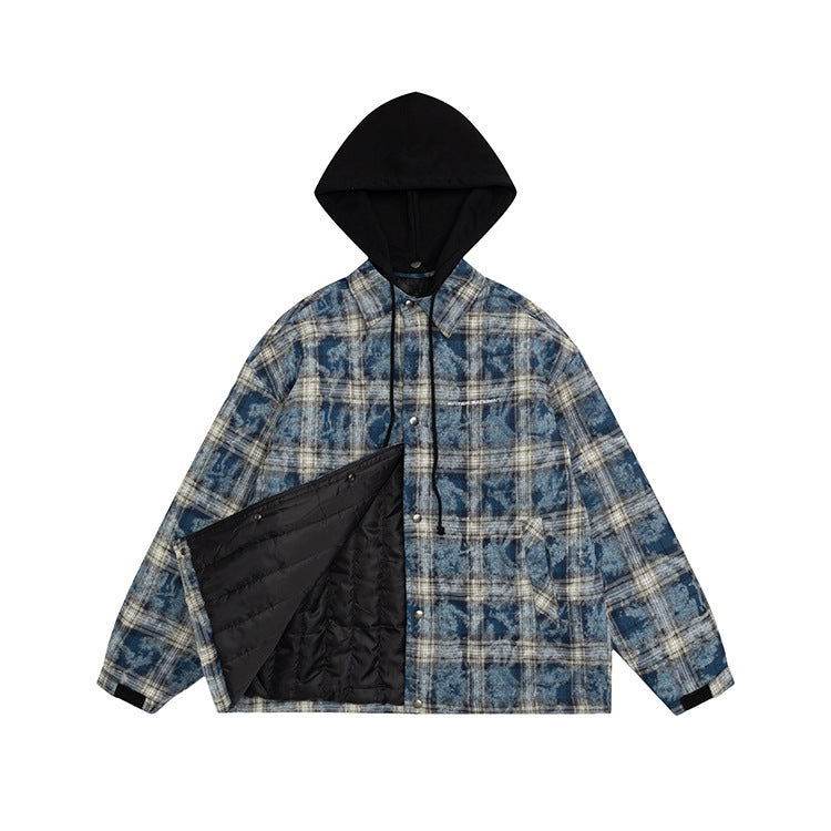 American Streetwear Hip-Hop Plaid Hoodie Jacket – Removable Hood, Cotton Lined - 4inme