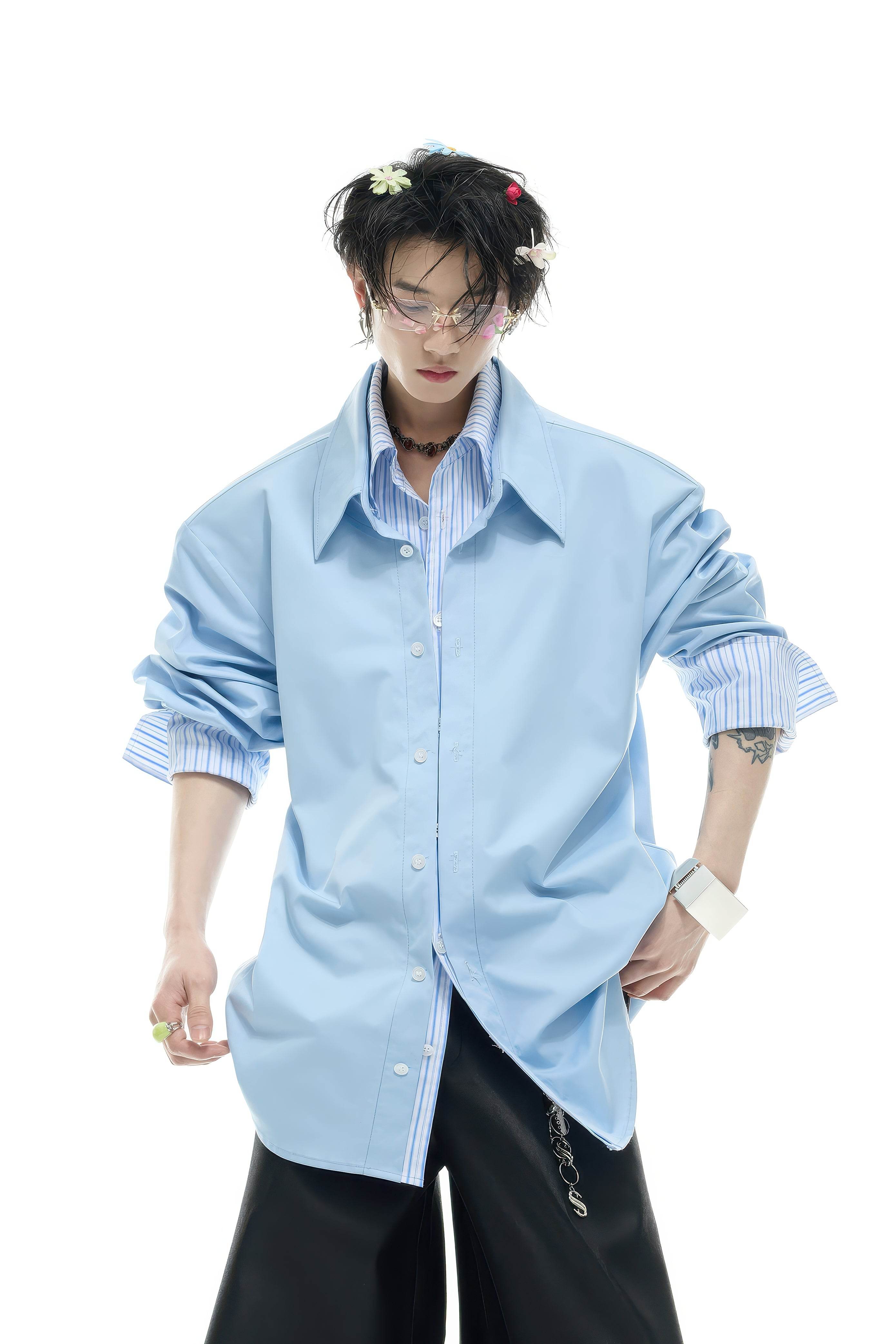 Deconstructed Stripe Shirt - Colorblock Layered Designer Top - 4inme