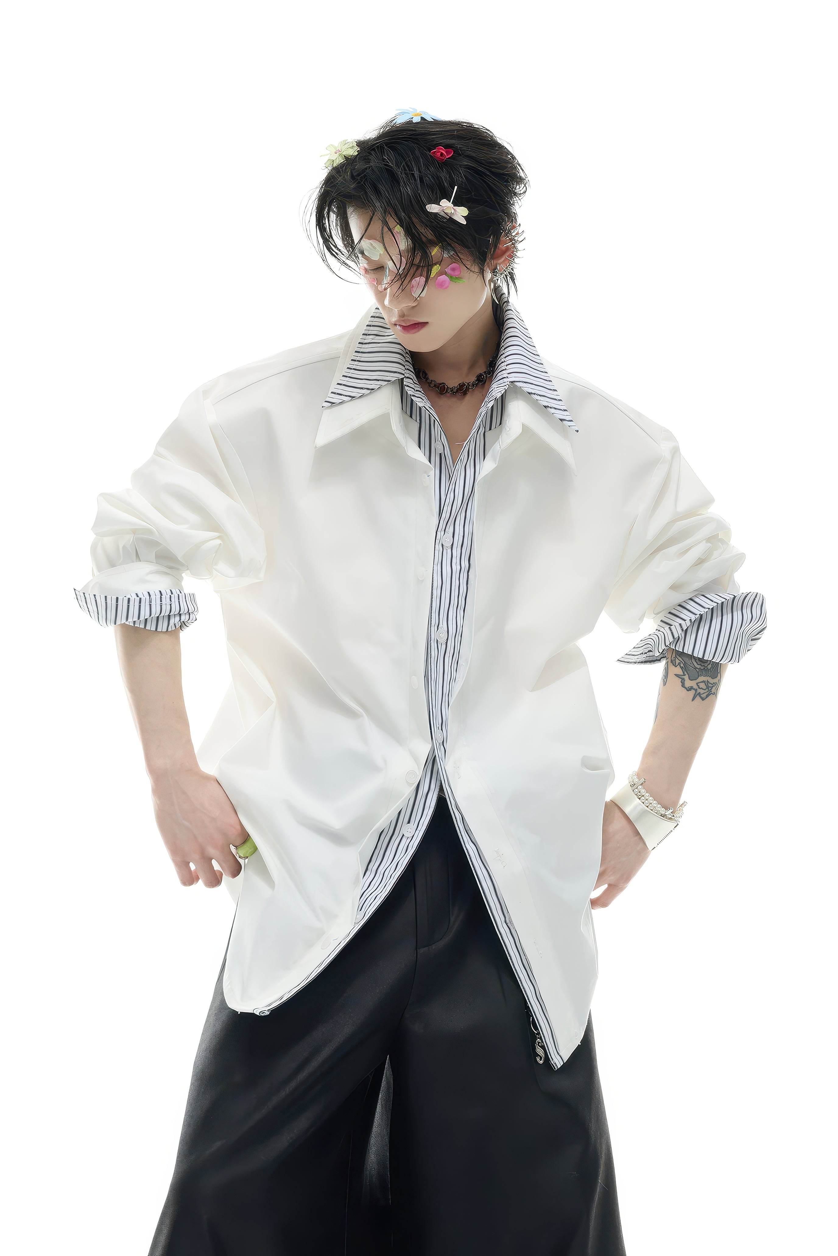 Deconstructed Stripe Shirt - Colorblock Layered Designer Top - 4inme