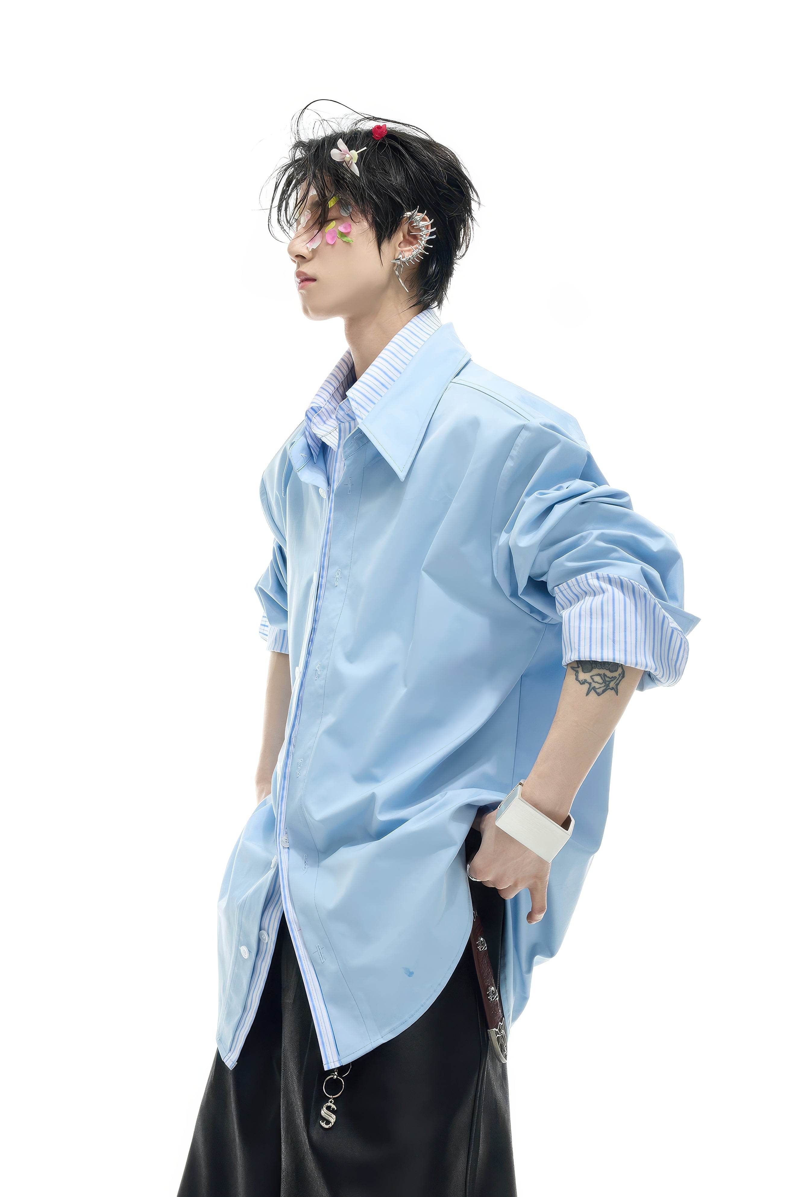 Deconstructed Stripe Shirt - Colorblock Layered Designer Top - 4inme