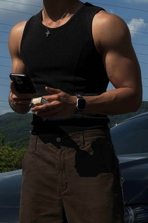 Athletic Ribbed Muscle Tank for Men, Stretchy Slim-Fit Sleeveless Vest - 4inme