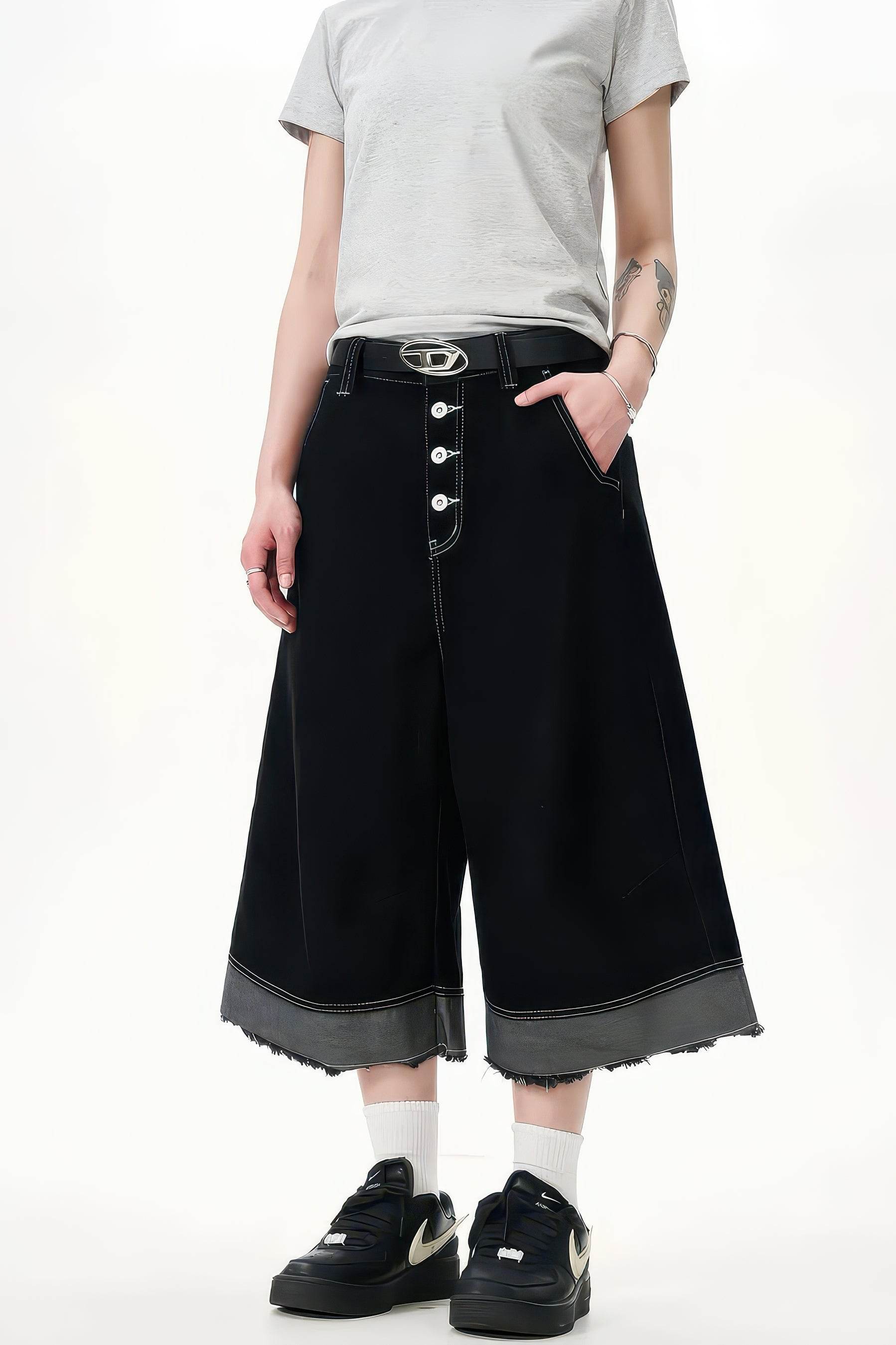 Button-Fly Cropped Jeans - Streetwear Washed Wide Leg Pants - 4inme
