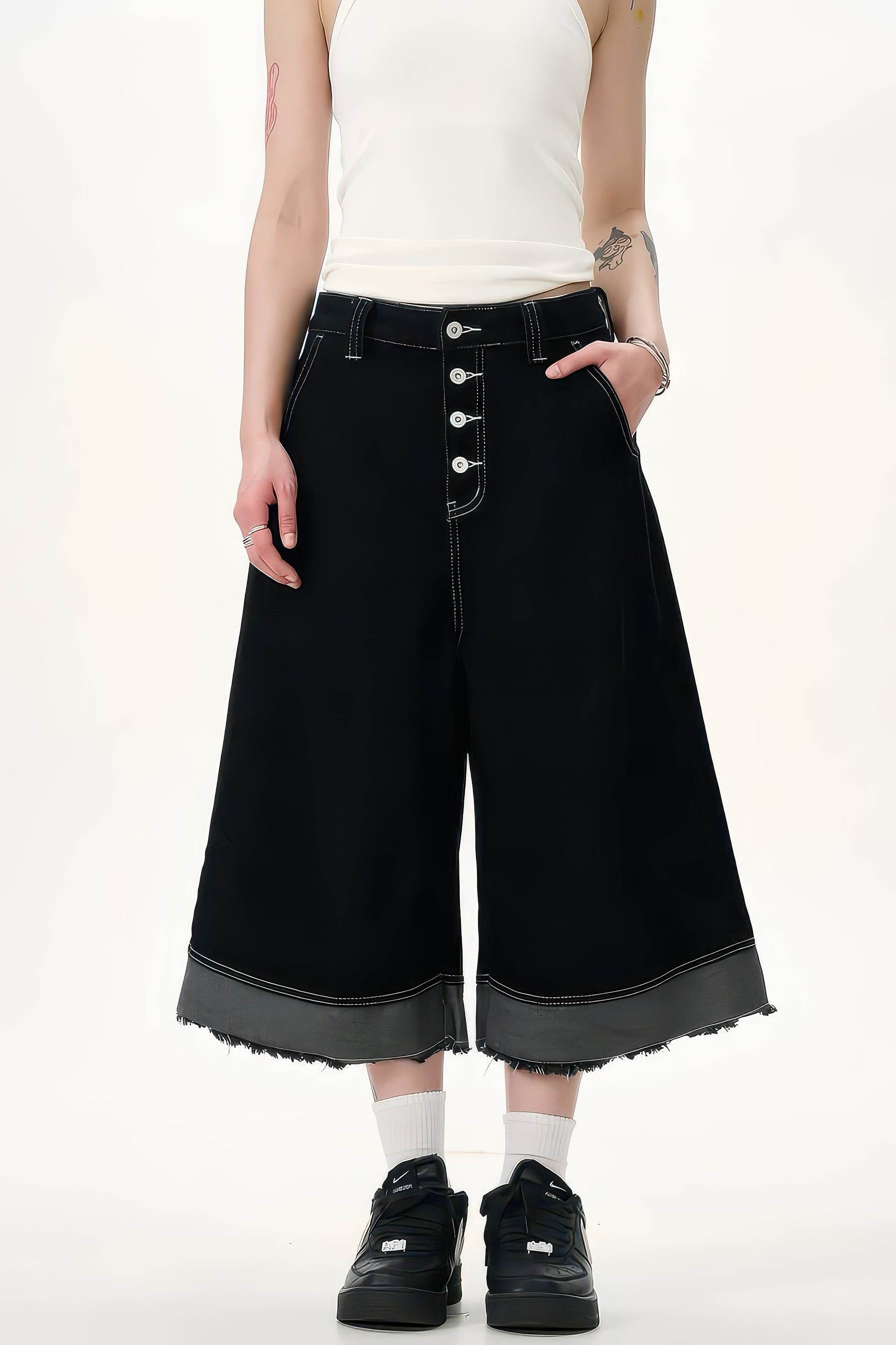 Button-Fly Cropped Jeans - Streetwear Washed Wide Leg Pants - 4inme