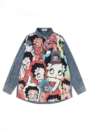 Corduroy & Denim Cartoon Patch Shirt - Unisex Oversized Street Style - 4inme