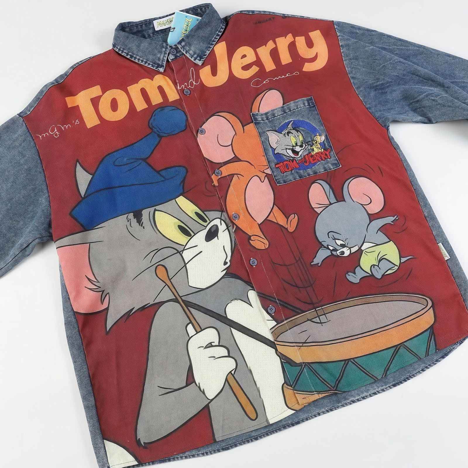 Corduroy & Denim Cartoon Patch Shirt - Unisex Oversized Street Style - 4inme