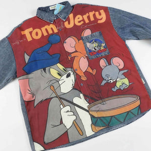 Corduroy & Denim Cartoon Patch Shirt - Unisex Oversized Street Style - 4inme
