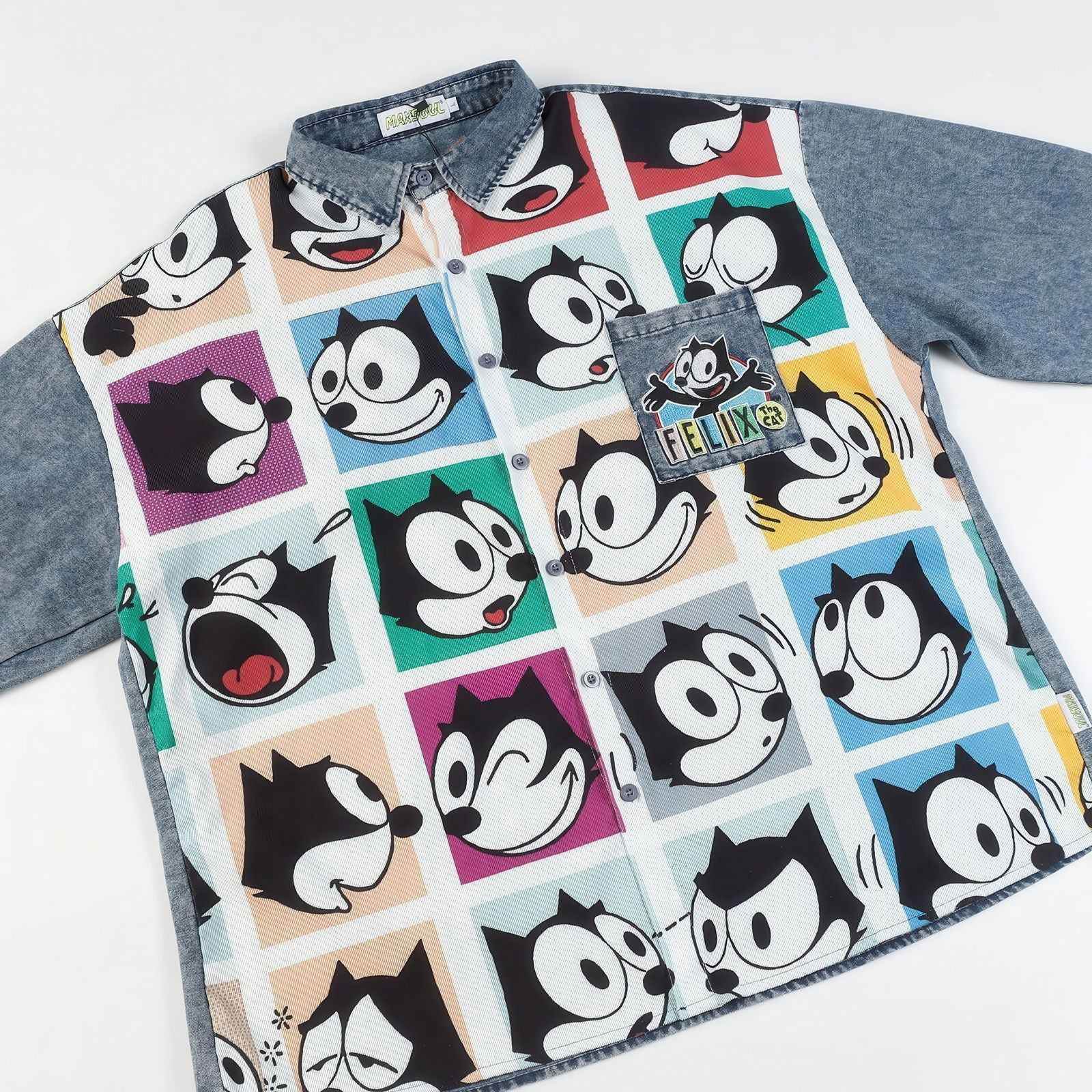 Corduroy & Denim Cartoon Patch Shirt - Unisex Oversized Street Style - 4inme