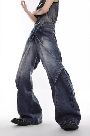 Distressed Denim Patchwork Jeans - Convertible Flare Design - 4inme