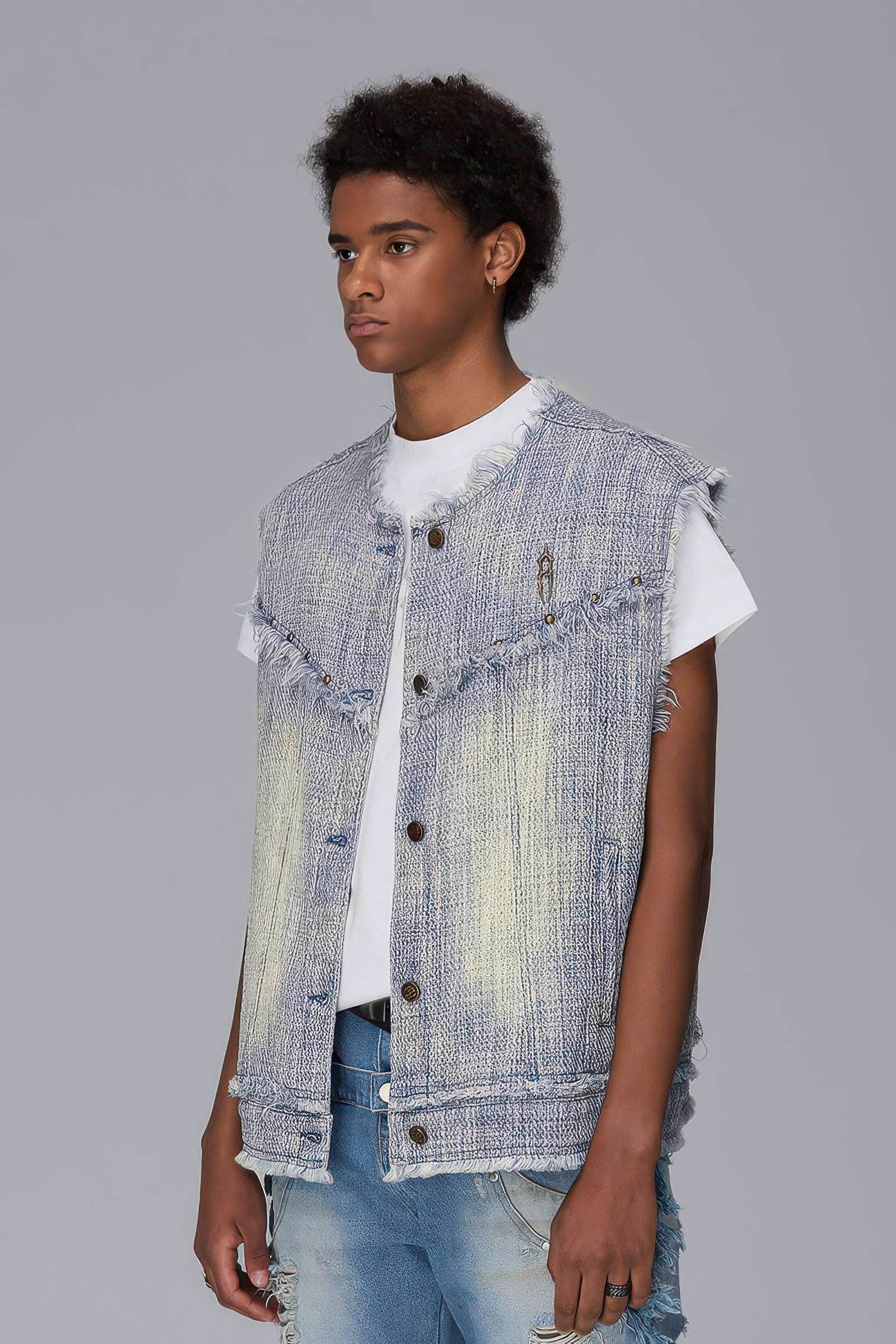 Distressed Denim Vest - Washed Rivet & Frayed Hem Design - 4inme