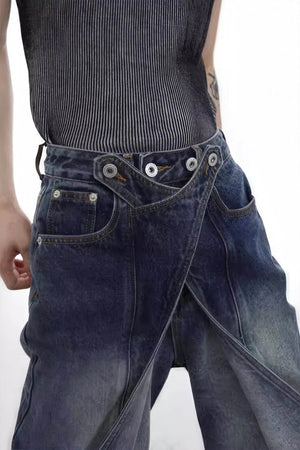 Distressed Denim Patchwork Jeans - Convertible Flare Design - 4inme