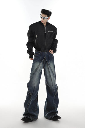 Distressed Denim Patchwork Jeans - Convertible Flare Design - 4inme