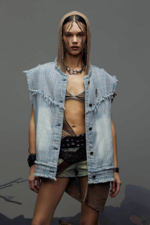 Distressed Denim Vest - Washed Rivet & Frayed Hem Design - 4inme