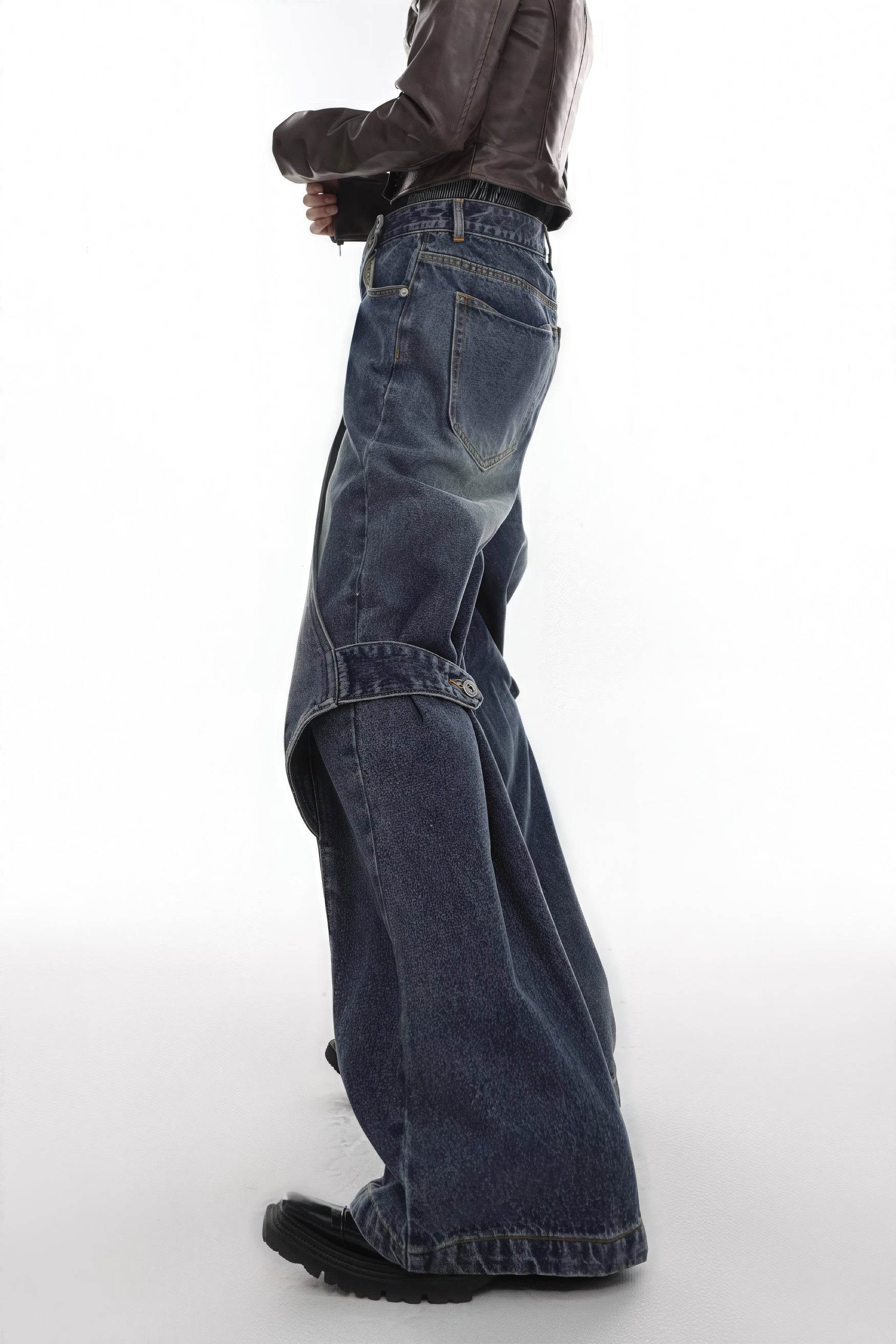 Distressed Denim Patchwork Jeans - Convertible Flare Design - 4inme