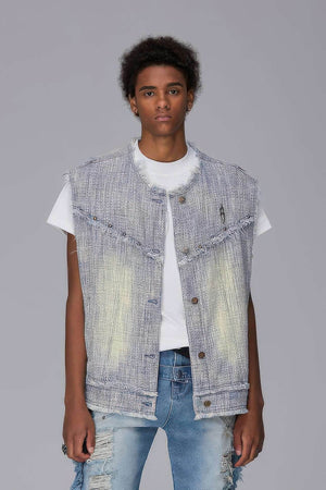 Distressed Denim Vest - Washed Rivet & Frayed Hem Design - 4inme