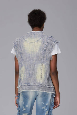 Distressed Denim Vest - Washed Rivet & Frayed Hem Design - 4inme