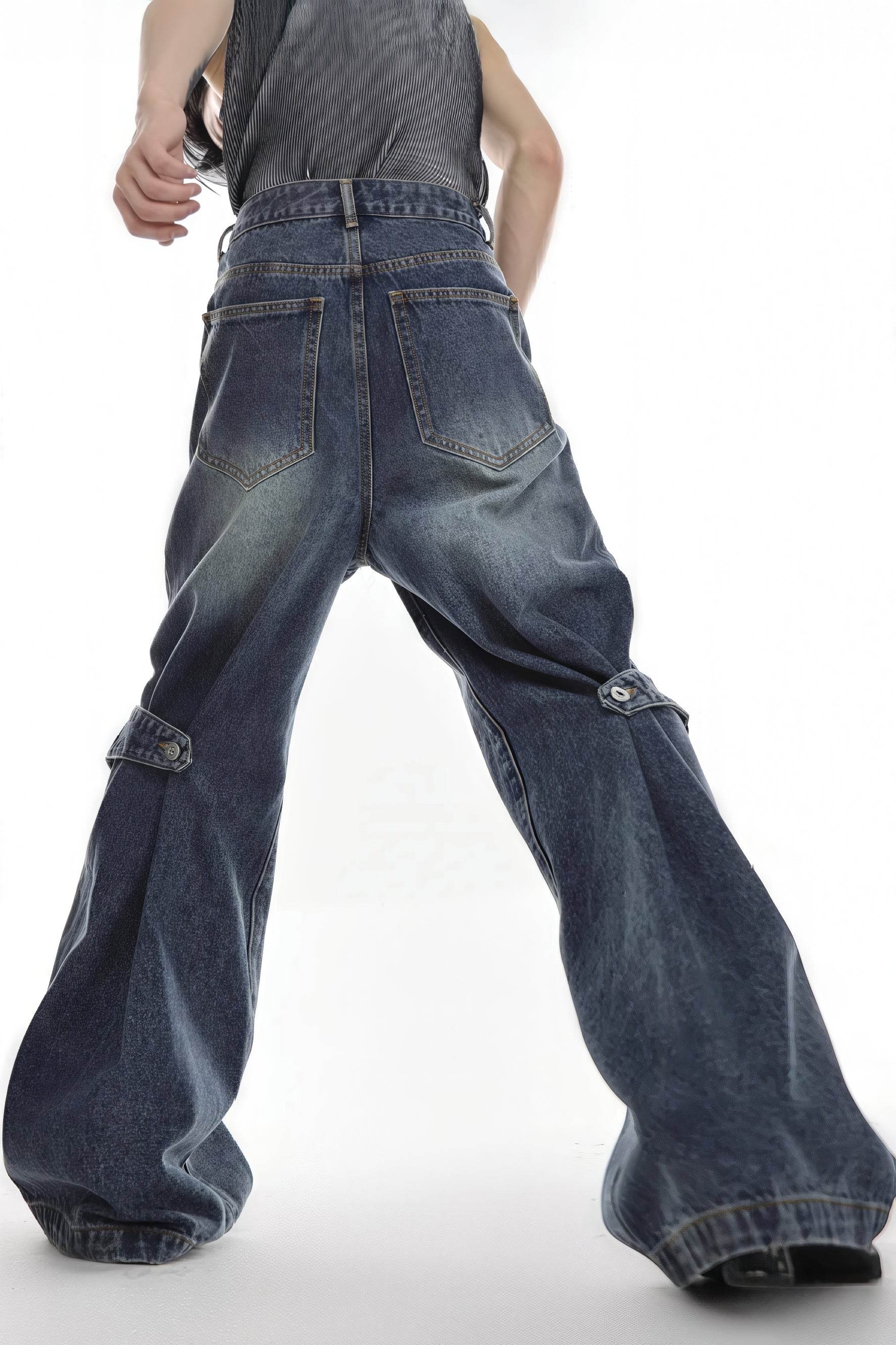 Distressed Denim Patchwork Jeans - Convertible Flare Design - 4inme