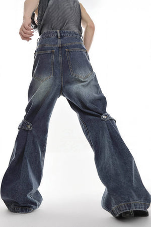 Distressed Denim Patchwork Jeans - Convertible Flare Design - 4inme