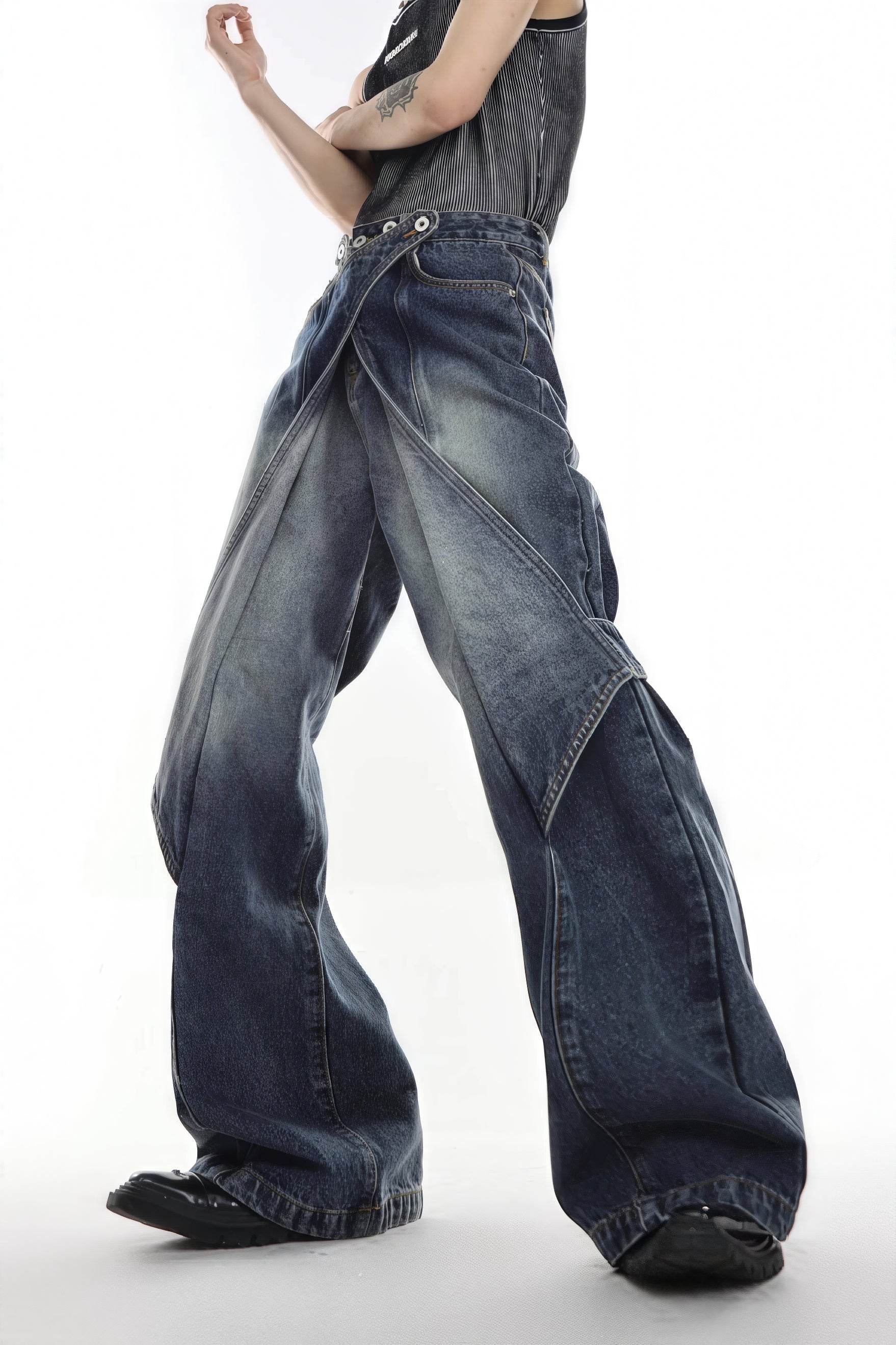 Distressed Denim Patchwork Jeans - Convertible Flare Design - 4inme