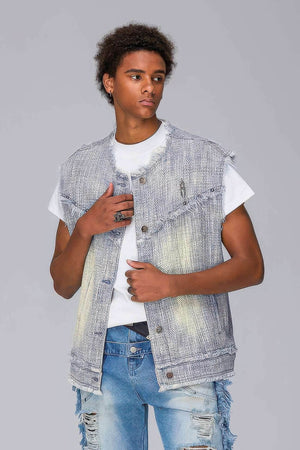 Distressed Denim Vest - Washed Rivet & Frayed Hem Design - 4inme