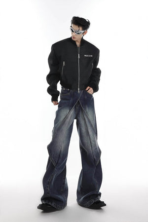 Distressed Denim Patchwork Jeans - Convertible Flare Design - 4inme