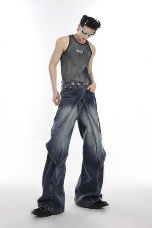 Distressed Denim Patchwork Jeans - Convertible Flare Design - 4inme