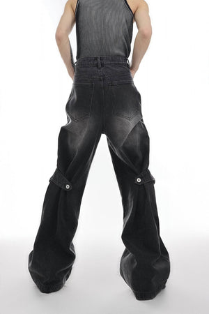 Distressed Denim Patchwork Jeans - Convertible Flare Design - 4inme