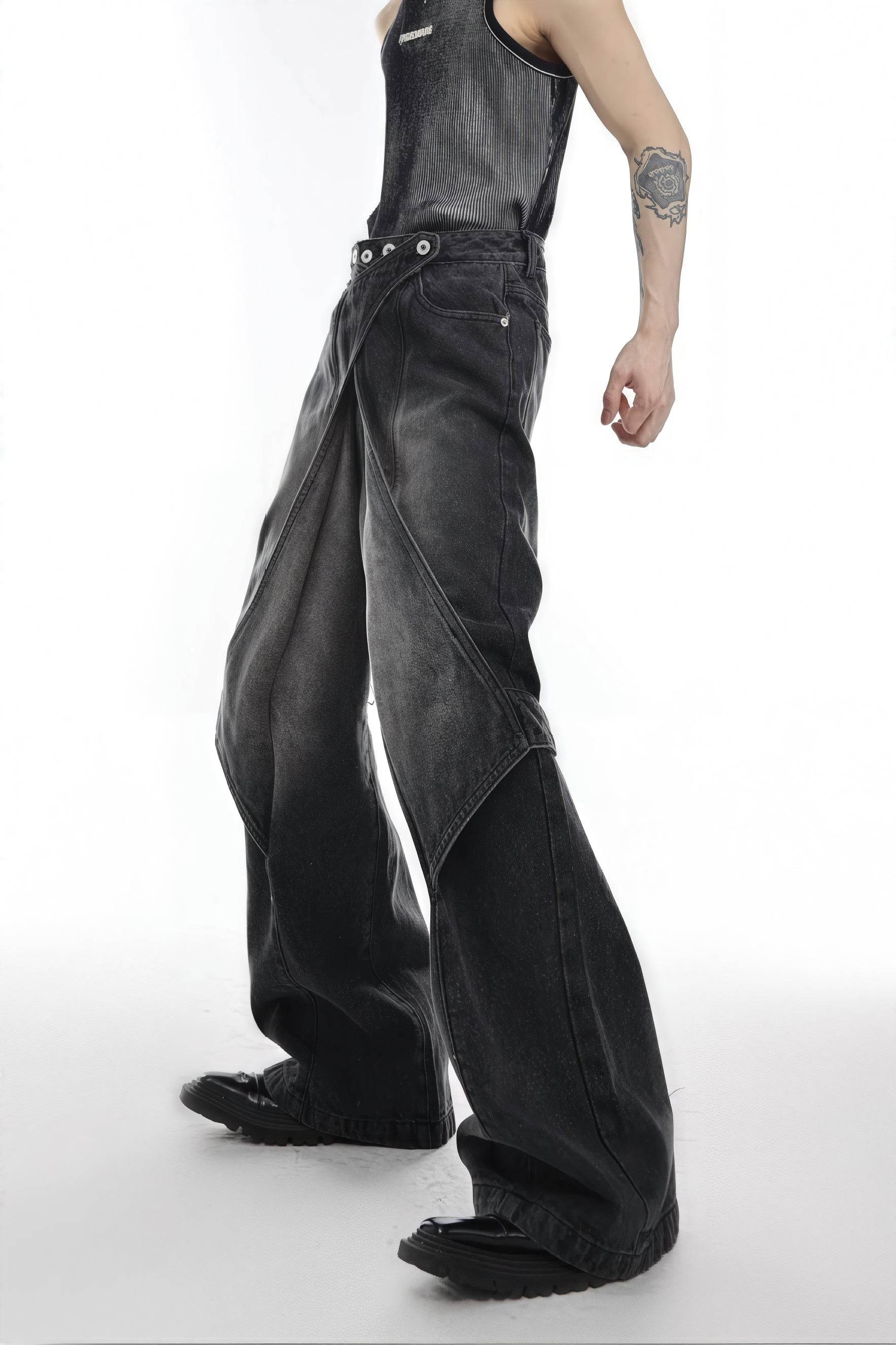 Distressed Denim Patchwork Jeans - Convertible Flare Design - 4inme