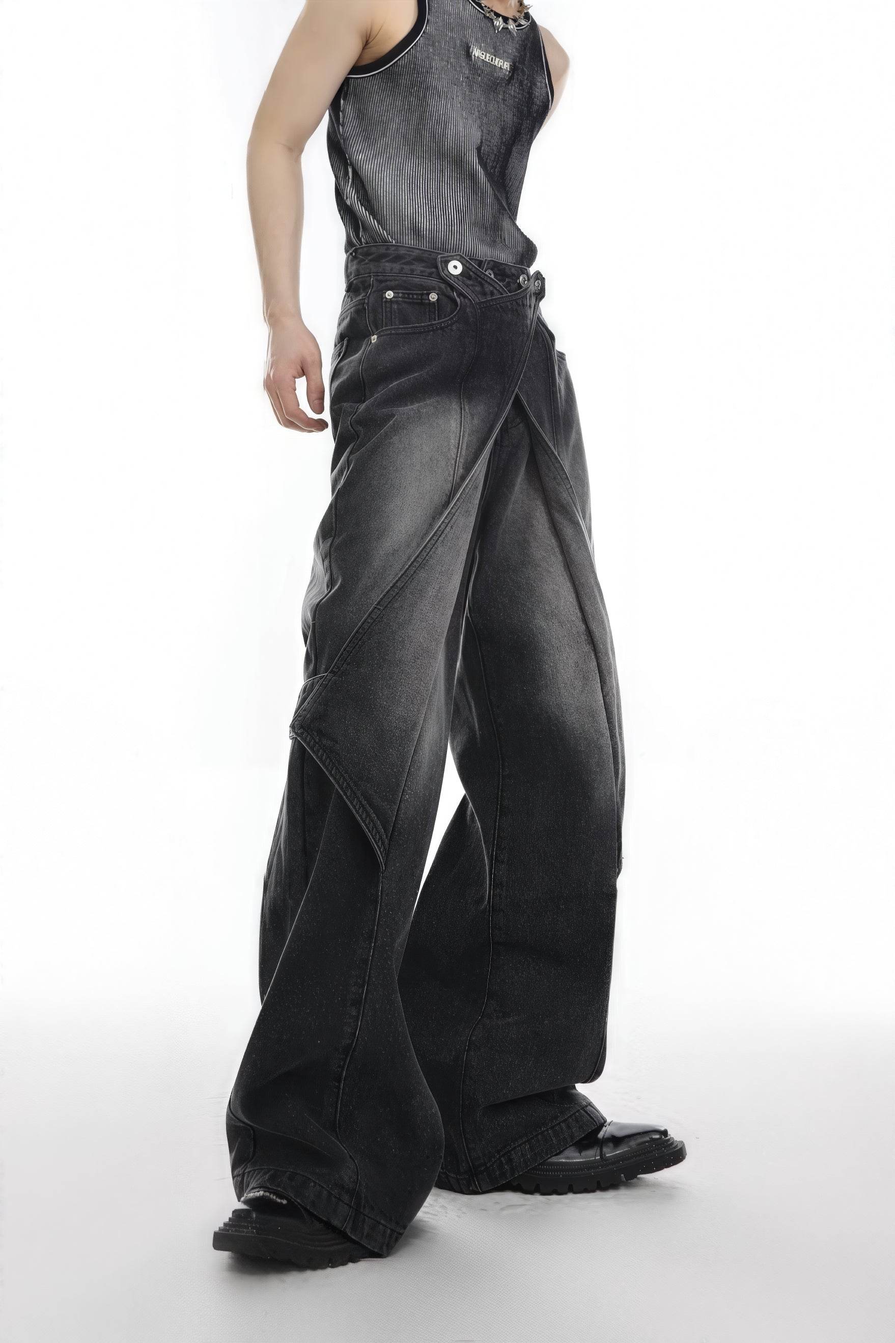 Distressed Denim Patchwork Jeans - Convertible Flare Design - 4inme