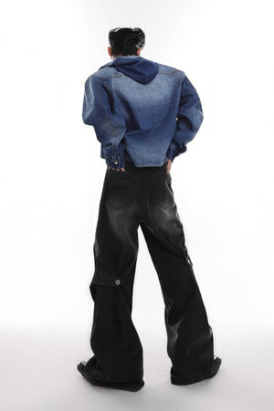 Distressed Denim Patchwork Jeans - Convertible Flare Design - 4inme