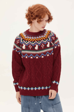 Fair Isle Red Holiday Knit Sweater - Cozy Oversized Pullover for Festive Vibes - 4inme
