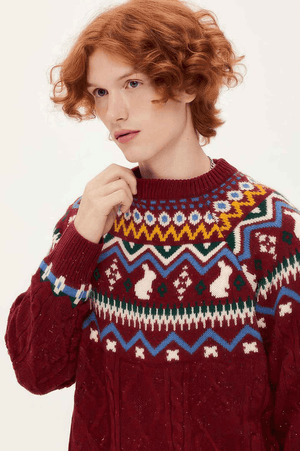 Fair Isle Red Holiday Knit Sweater - Cozy Oversized Pullover for Festive Vibes - 4inme