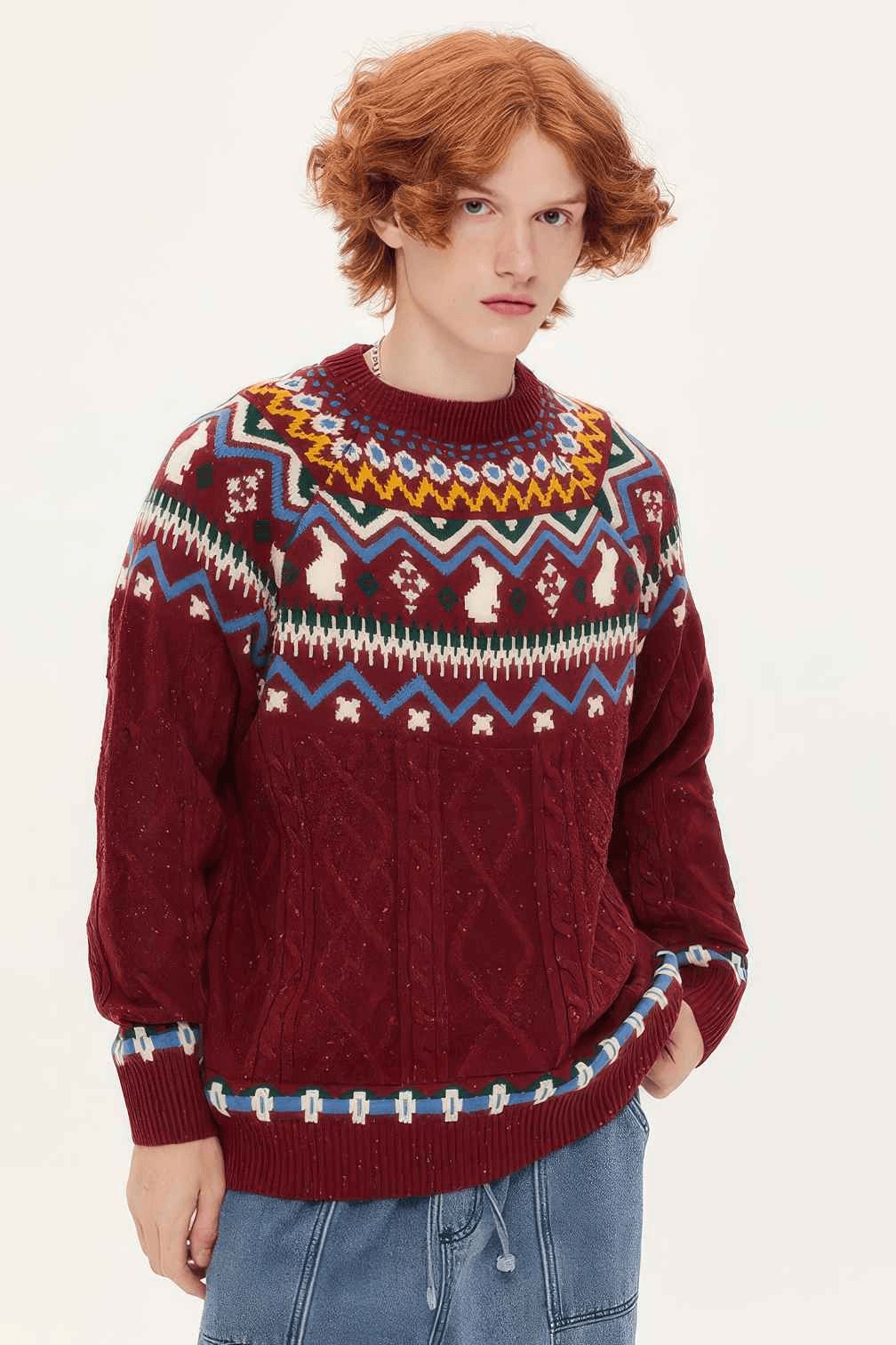 Fair Isle Red Holiday Knit Sweater - Cozy Oversized Pullover for Festive Vibes - 4inme