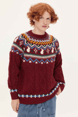 Fair Isle Red Holiday Knit Sweater - Cozy Oversized Pullover for Festive Vibes - 4inme