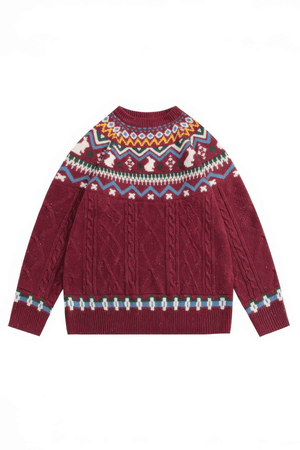 Fair Isle Red Holiday Knit Sweater - Cozy Oversized Pullover for Festive Vibes - 4inme