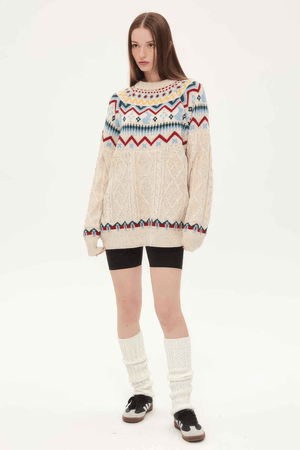 Fair Isle Red Holiday Knit Sweater - Cozy Oversized Pullover for Festive Vibes - 4inme