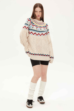 Fair Isle Red Holiday Knit Sweater - Cozy Oversized Pullover for Festive Vibes - 4inme