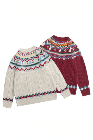 Fair Isle Red Holiday Knit Sweater - Cozy Oversized Pullover for Festive Vibes - 4inme