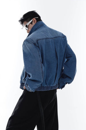 Heavyweight Denim Jacket - Washed Shoulder Pads & Metal Zipper Design - 4inme