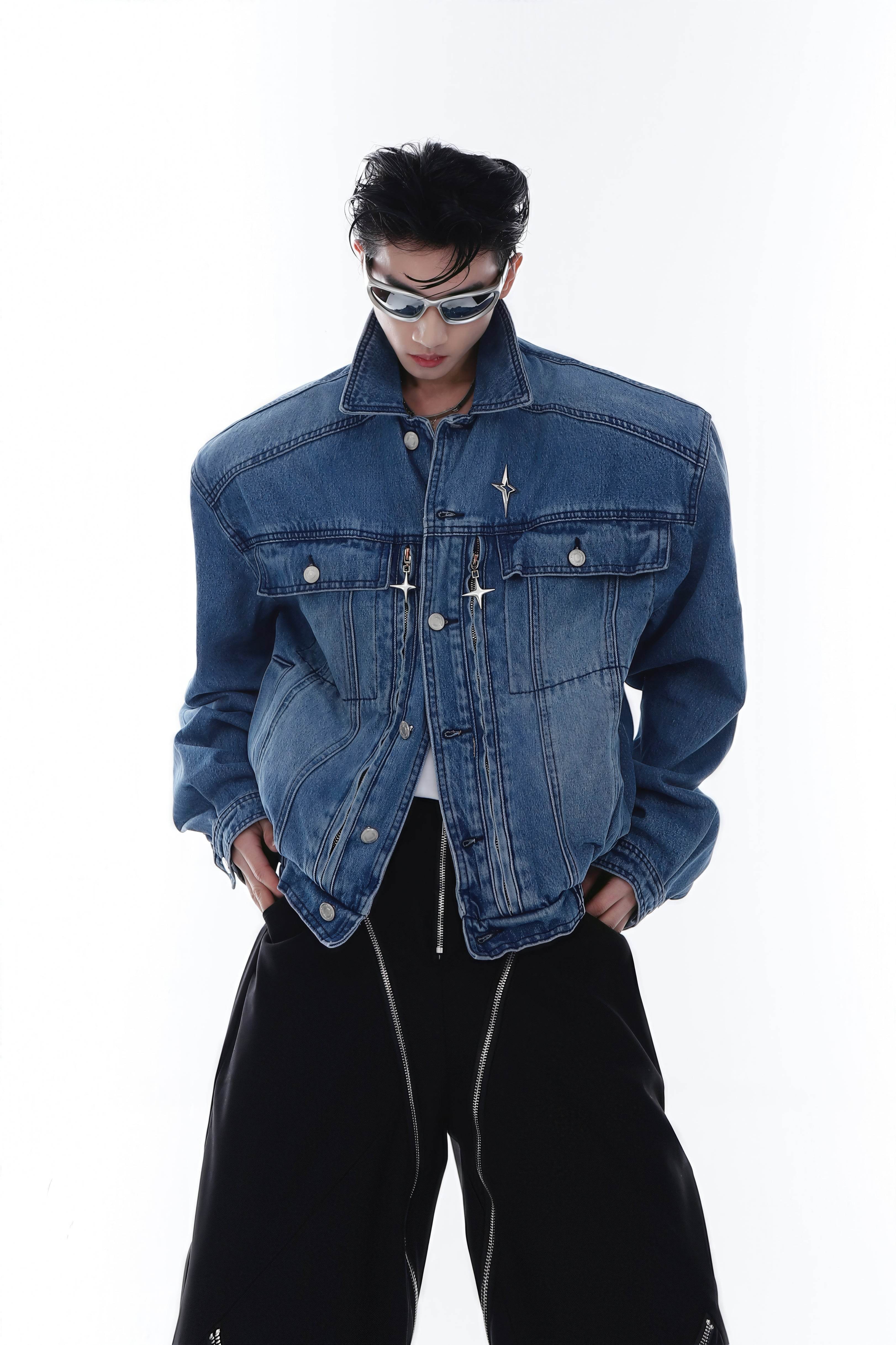 Heavyweight Denim Jacket - Washed Shoulder Pads & Metal Zipper Design - 4inme