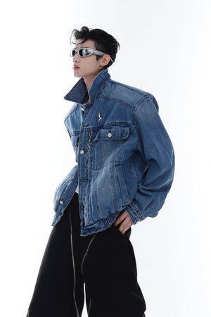 Heavyweight Denim Jacket - Washed Shoulder Pads & Metal Zipper Design - 4inme