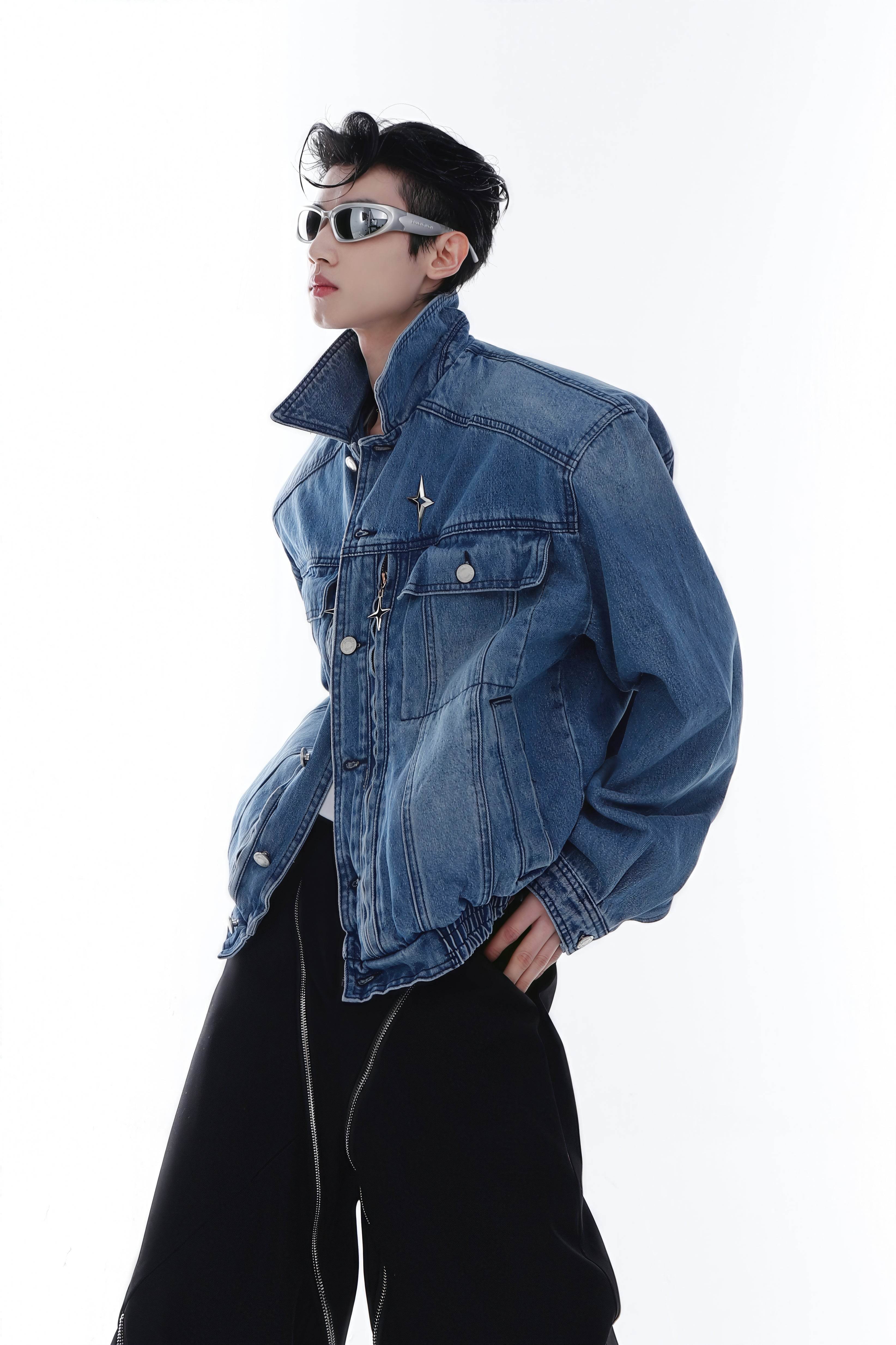 Heavyweight Denim Jacket - Washed Shoulder Pads & Metal Zipper Design - 4inme