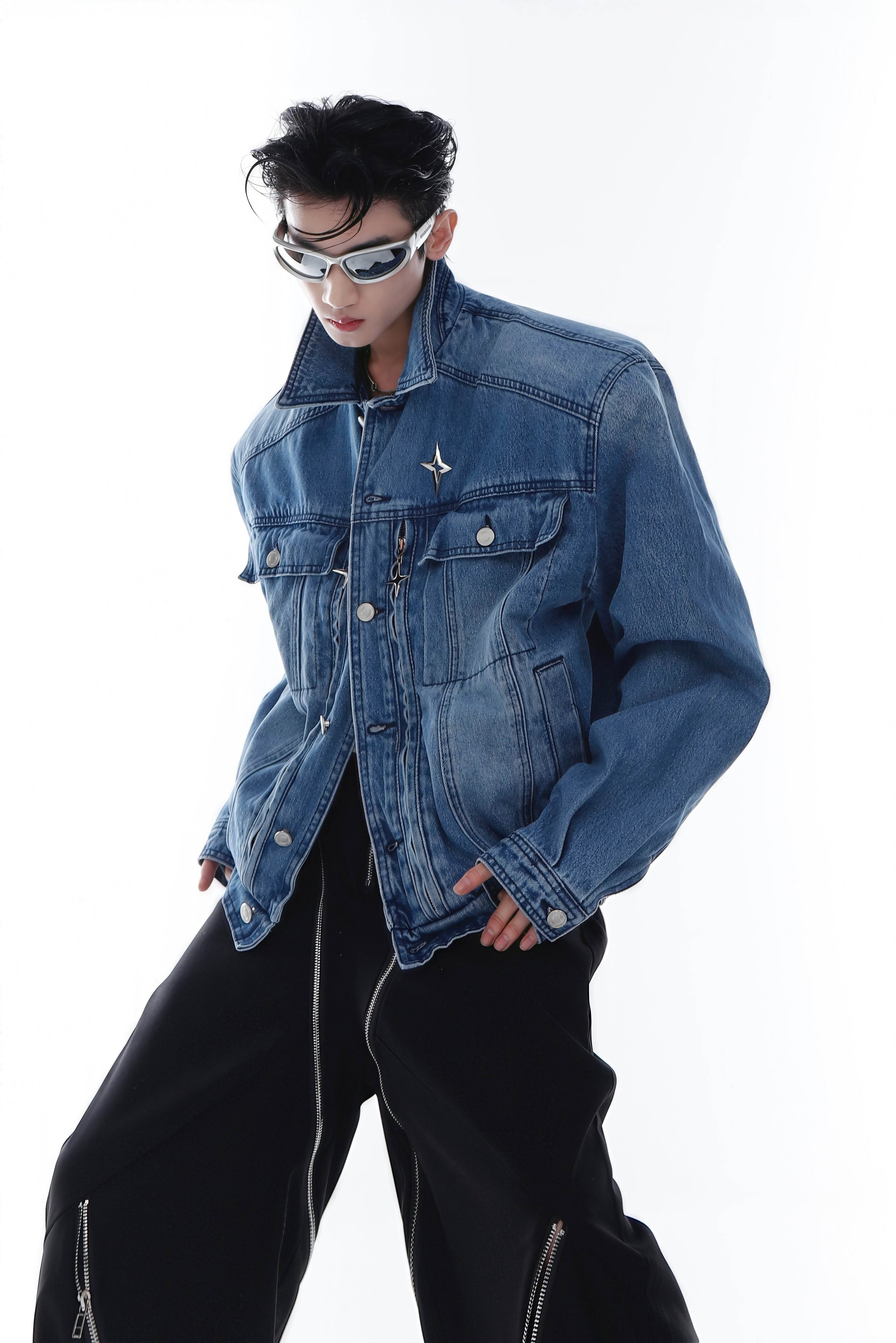 Heavyweight Denim Jacket - Washed Shoulder Pads & Metal Zipper Design - 4inme