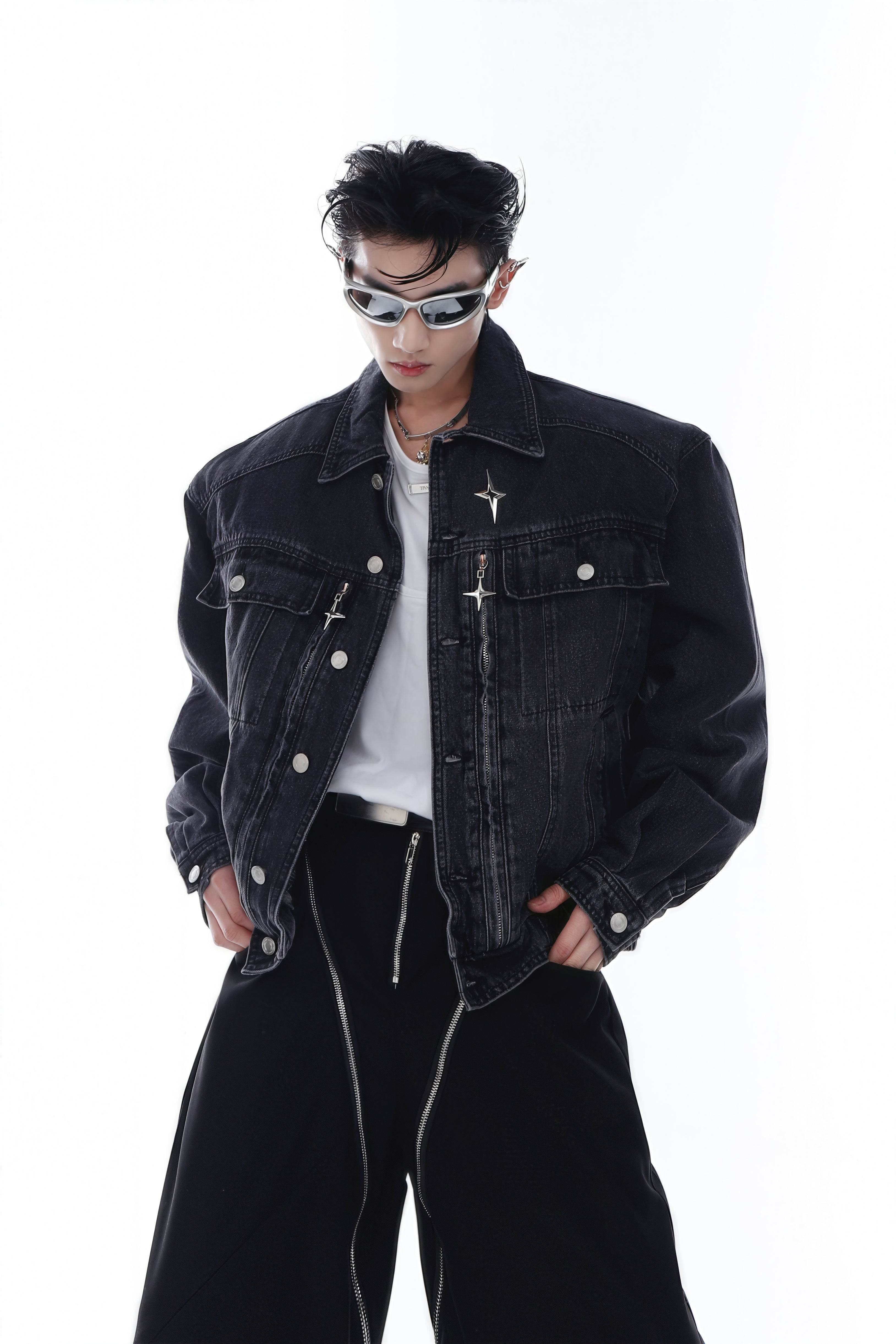 Heavyweight Denim Jacket - Washed Shoulder Pads & Metal Zipper Design - 4inme
