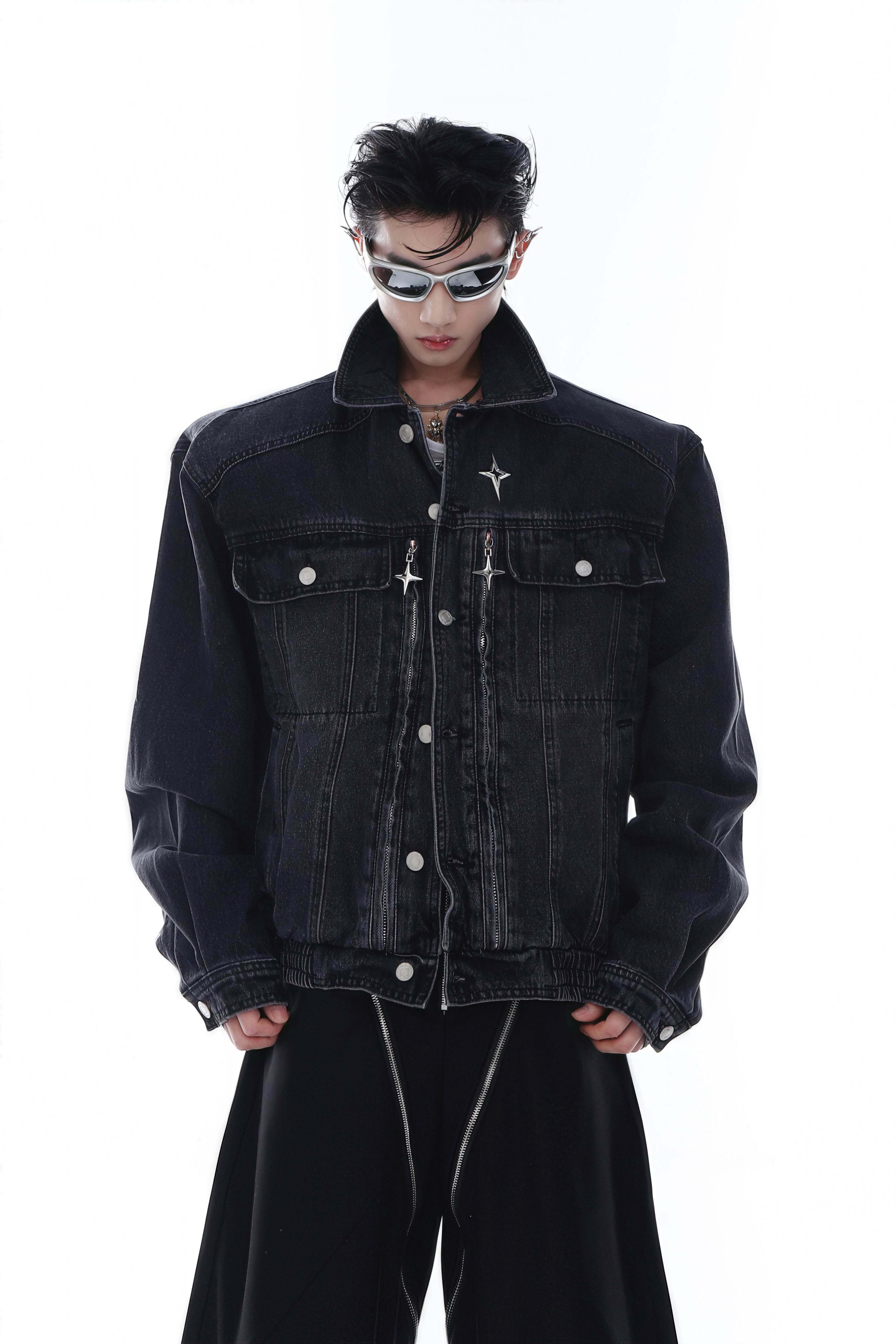 Heavyweight Denim Jacket - Washed Shoulder Pads & Metal Zipper Design - 4inme