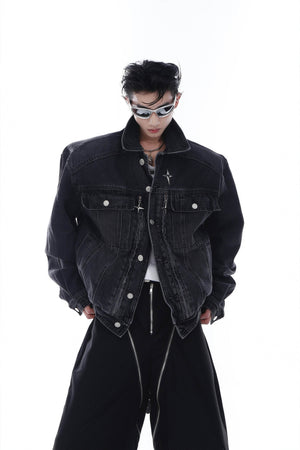 Heavyweight Denim Jacket - Washed Shoulder Pads & Metal Zipper Design - 4inme